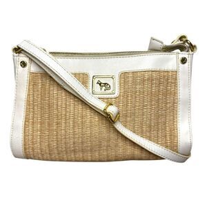 Emma Fox Leather Woven Jute Shoulder Bag White Tan Designer Purse